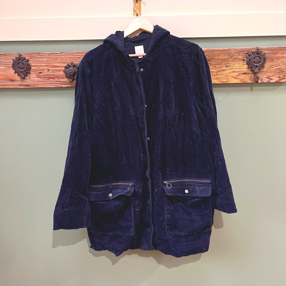 J. Jill Womens 2X Navy Blue Corduroy Hooded Jacket Zip Snap Utility Anorak
